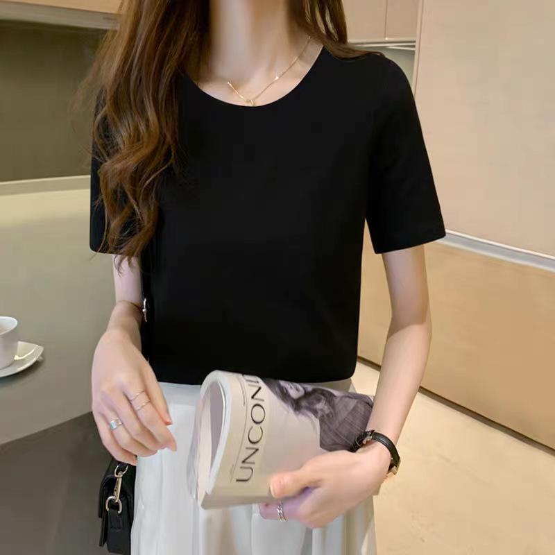 Women Cotton Round Neck Short Sleeve T-Shirt Summer Basic Fitted Tee Casual Inner Layering Top 2025