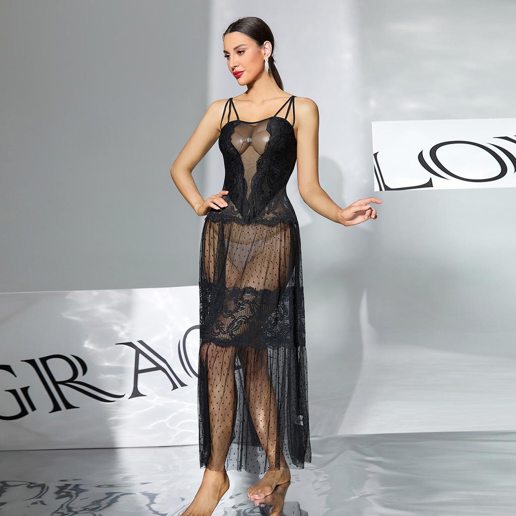 Gepunktetes Netz-Spitzen-Camisole-Nachthemd Lang Durchsichtig Atmungsaktiv Hautfreundlich Formgebend Loungewear 408 Schmeichelhaft Bequem Nachtwäsche mit Klassischen Drucken