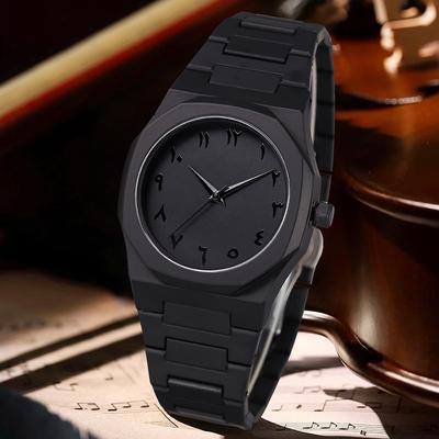 4PC Plastic Case Men's Watch Set Business Trend Black Round Dial Quartz Watch Bracelet Necklace Ring Set Perfect Gift