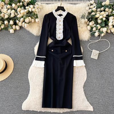 Sukienki dwuczęściowe z imitacją stójki i patchworku Vestidos De Mujer Eleganckie, vintage, szykowne, guziki, wysokiej klasy pakiet biodrowy, szlafrok Sweet Femme