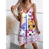 Women Sexy European American Printed V Neck Camisole Mid Length A Line Dress