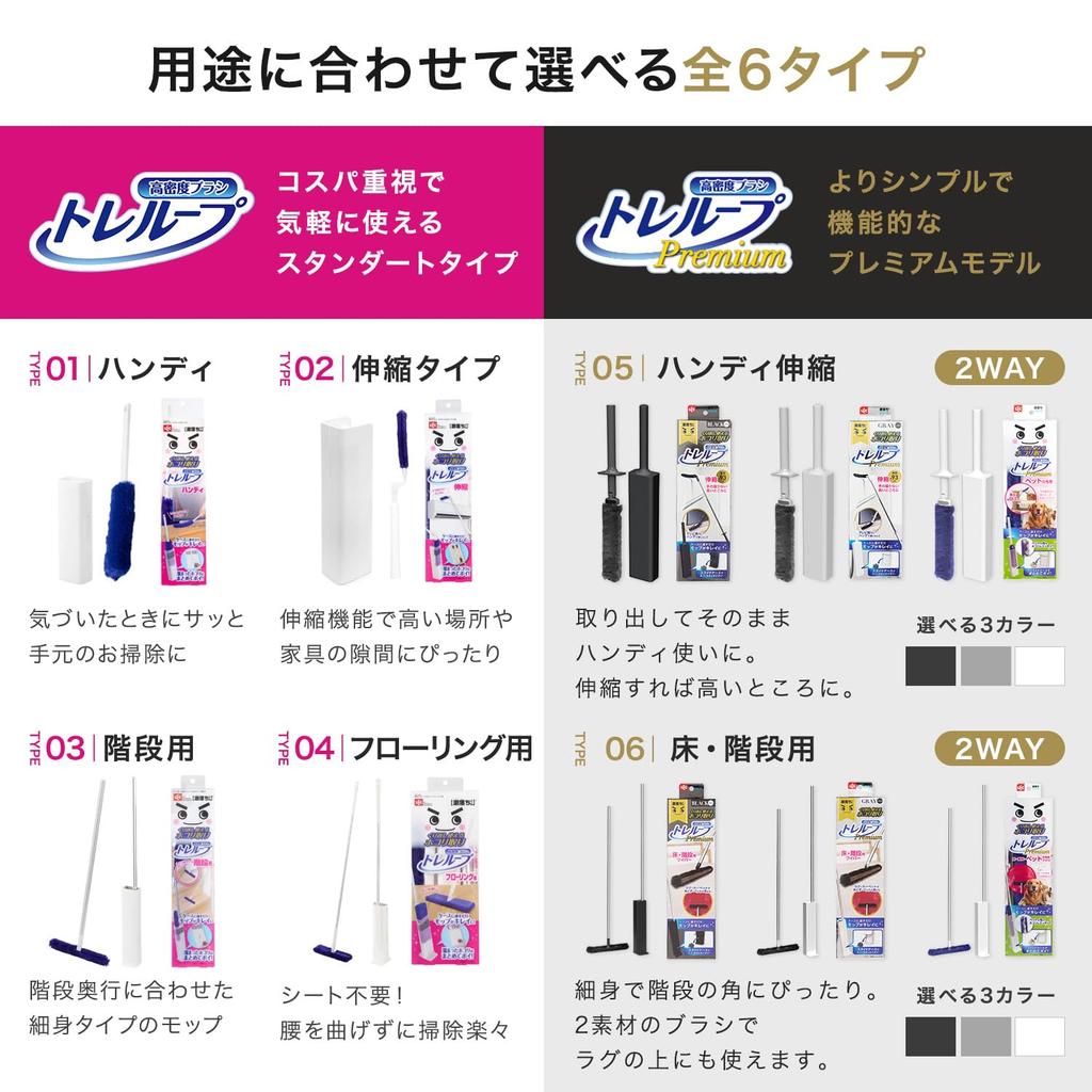 LEC Gekiochi-kun High-Density Brush Treloop Premium (Handy Extendable Type - Black) Maximum length approx. 93cm Reusable Dust Removal / Mop can be cle