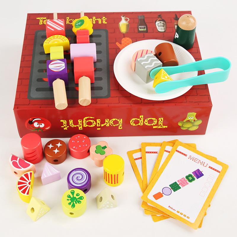 Children's Wooden Simulation Barbecue Grill BBQ Stall Playing House Food Barbecue String Music Set Parent-child Desktop Toy