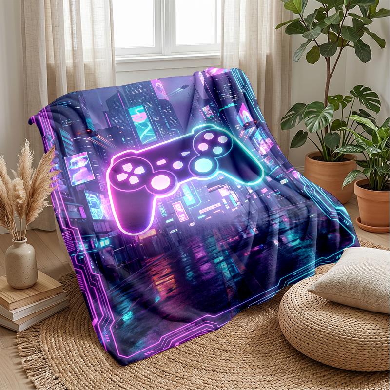 Cyberpunk Game Controller City Blanket Personalized Name Flannel Blanket Soft Cozy Plush Throw for Sofa Bed Lightweight Home Decor