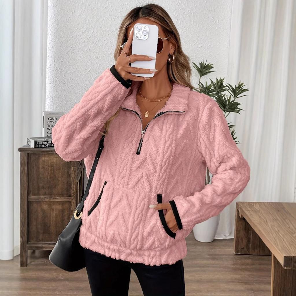 Podzimní a zimní nový styl klopa malý voňavý žakárový poloviční zip plyšová kapsa krátká mikina