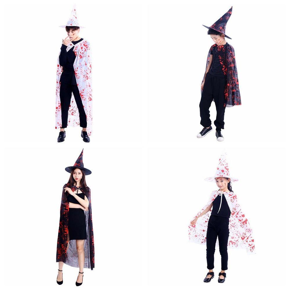 Blood Printed Halloween Blood Costume Cosplay Props Horror Cape Witch Cloak Hat Set  Decoration