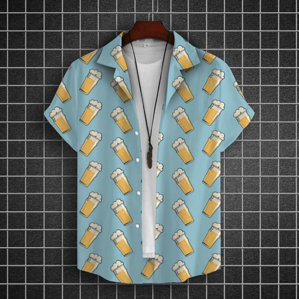 Hawajska Koszula Męska 3D z Nadrukiem Piwa Krótki Rękaw Koszule Koszulka na Imprezę Piwną T-shirty Letnie Codzienne Luźne Oversize Odzież Męska