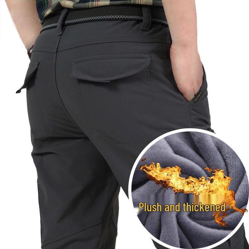 In Stock Men's Quick-Dry Winter Outdoor Multi-Pocket Ski Pants, Plus Velvet Thick Straight-Leg Windproof Long Pants