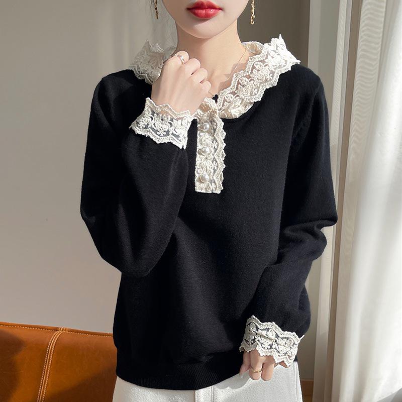 Women's Velvet Lace Design Hooded Knit Sweatshirt - Slimming Gentle Style