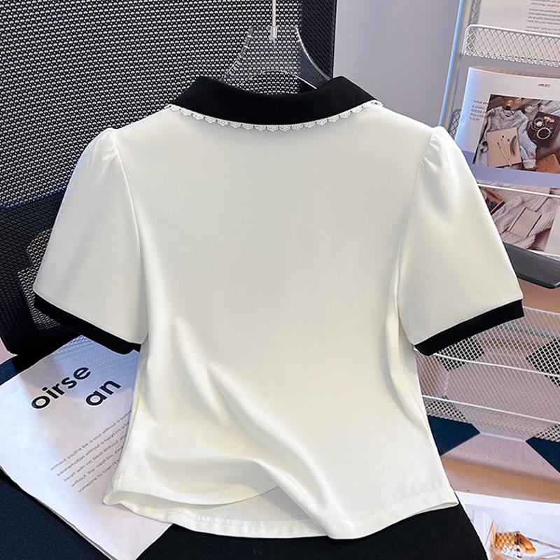 Damen Polo-Kragen Kurzarm T-Shirt Sommer Falsches Zweiteiler Oberteil Bluse
