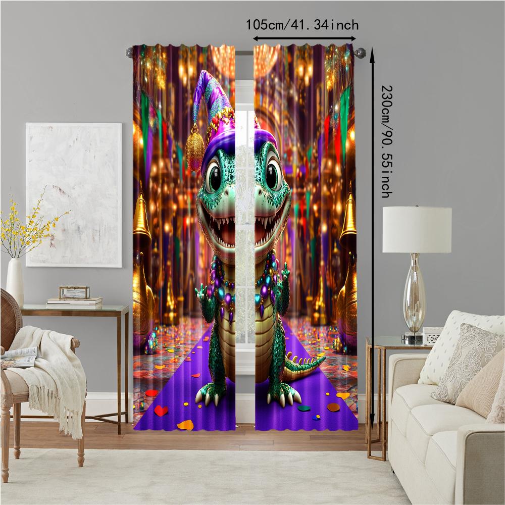 2 pcs   versatile polyester transparent curtains for home decoration Mardi Gras Dinosaur for use in bedrooms and living rooms