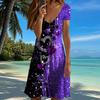Summer Fashion Women's V Neck Short Sleeve Retro Style Printed  Dress Sex Short Skirt Dresses