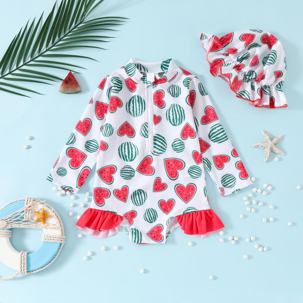 Baby Girl Swimsuit Long Sleeve One Piece Swimsuit + Hat Zip Up Ruched Lace Design Baby Girl 6M-3Y One Piece Swimsuit