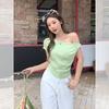 Korean pure desire sexy slanted shoulder off-the-shoulder short-sleeved t-shirt for women's summer wear pleated waist-pinching thin top