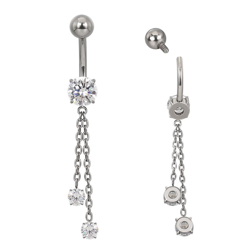 GZN Titanium CZ With 2 Chain Dangle Body Piercing Jewelry 14G Navel Ring Belly Button Ring 1.6*10*5/8mm&Belly Button RIng