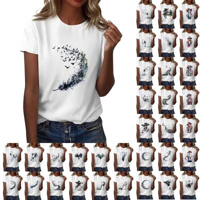 Camiseta feminina casual estampada de manga curta com decote redondo