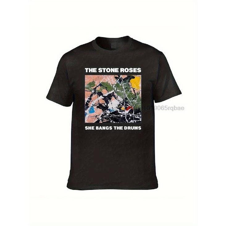 Men S The Stone Roses She Bangs The Drums Album Cover T-Shirt - Vintage 90s Indie Rock Band Tee with Iconic Logo & Song Lyrics, Relaxed Fit Short S чёрный