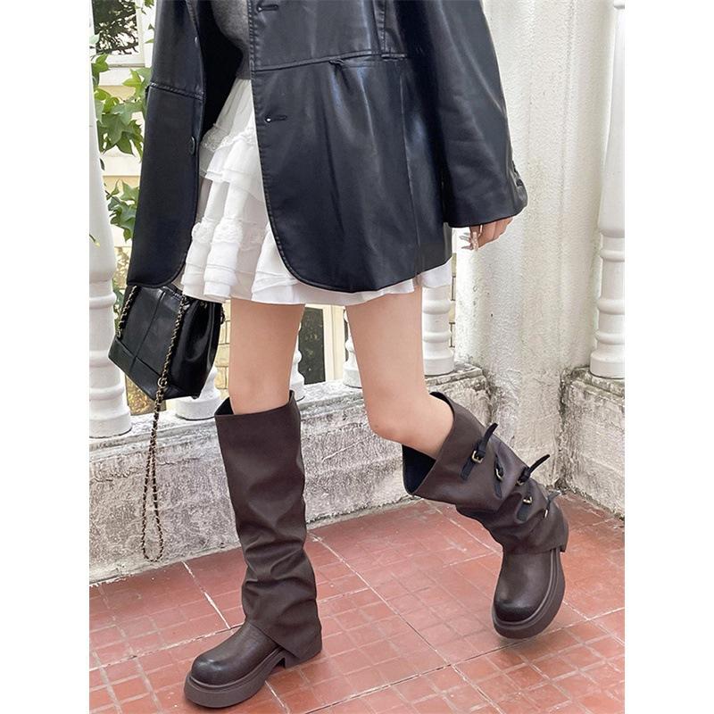 Small thick-soled black long knight boots women's 2025 spring and summer new design pleated stacking boots