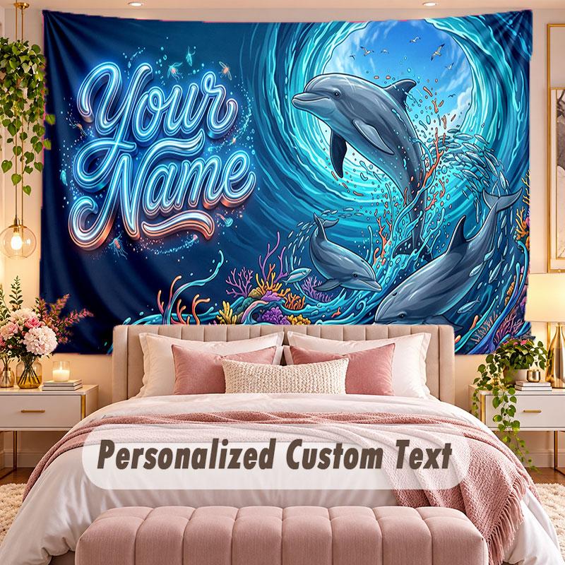 Fish Ocean (144) Theme Wall Tapestry Customized With Name Text Personalized Hanging Tapestry For Bedroom Living Room Decor