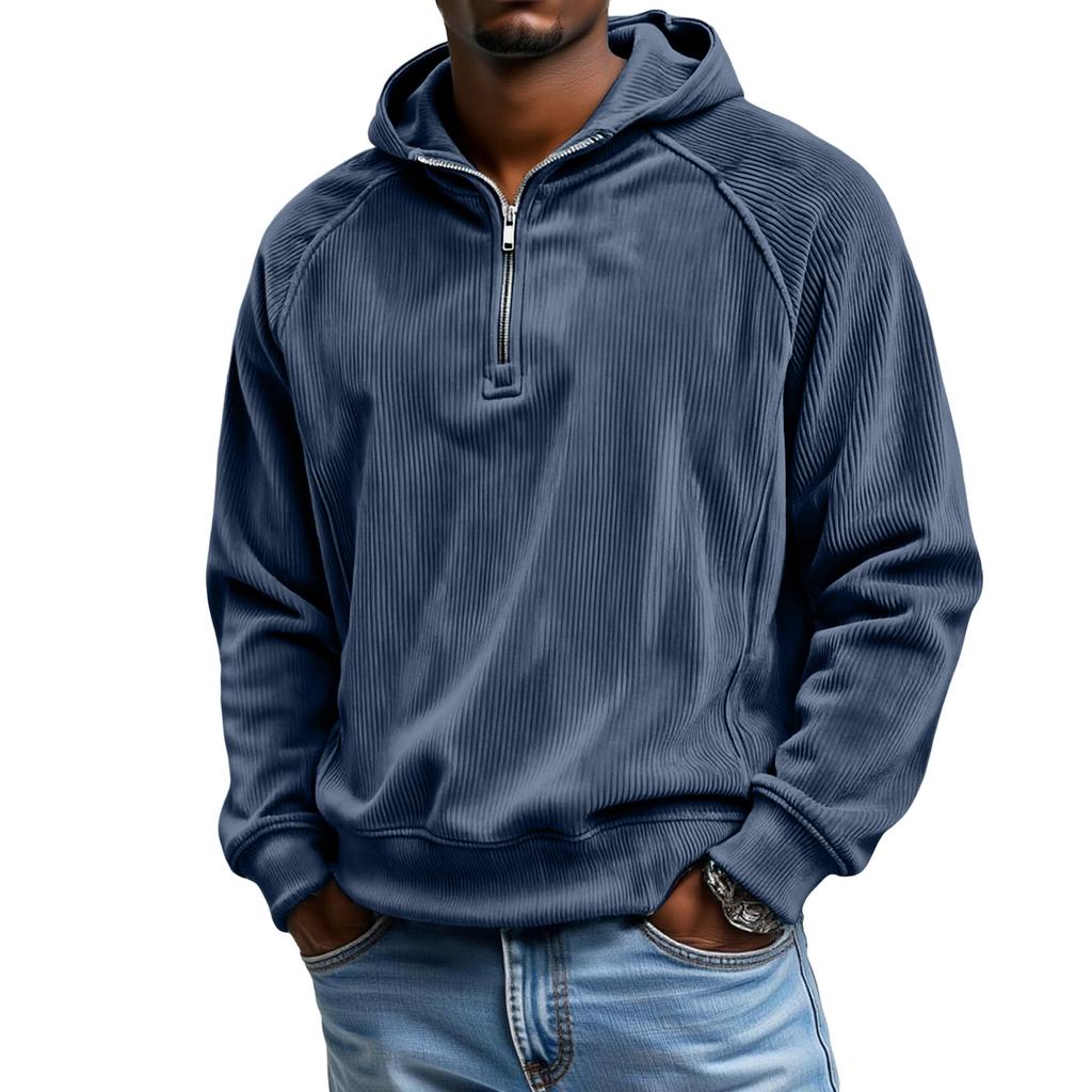 Men's  Leisure  Corduroy  Shoulder  Insertion  Half   Zipper  Hooded  Hood  Hoodie