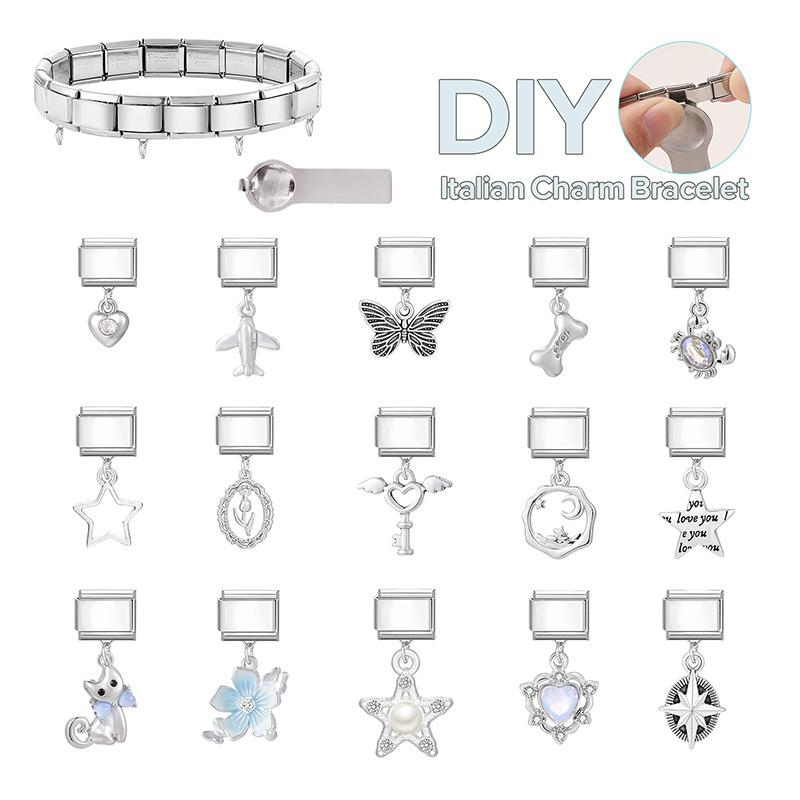 Glitter Bow Cat Butterfly Crab Star Flower Pendant Italian Charm Links Fit 9mm Stainless Steel Bracelet Women DIY Making Jewelry