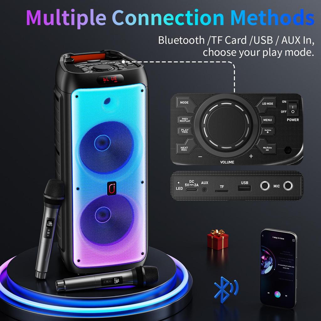 T38 Large Bluetooth Speaker, Wireless Speaker with Wheels and Push Rod, Karaoke Machine with Two Microphones With Tws