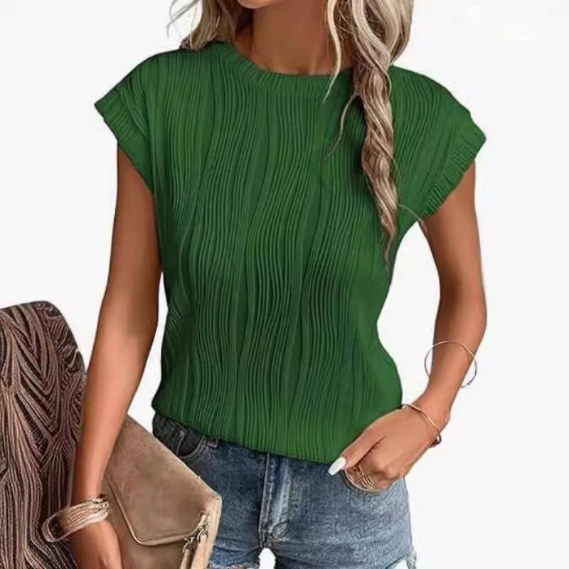 

Модные топы, женские плиссированные облегающие летние футболки с круглым вырезом, блузка с короткими рукавами, женская однотонная офисная женская футболка 24135 XXL