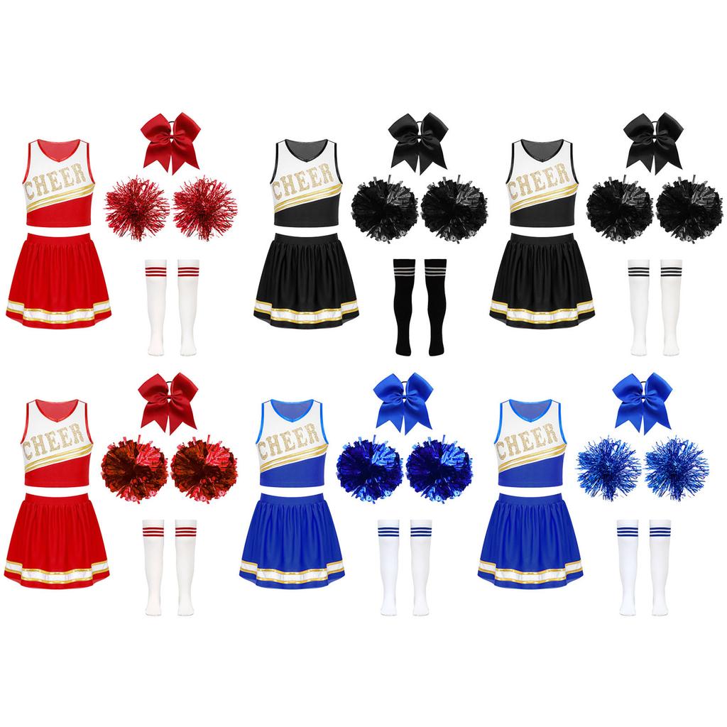 Kids Girls Cheerleader Dance Set Christmas Party Performance Costume Crop Top Skirt Pom Poms Socks Headwear