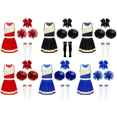 Kids Girls Cheerleading Set with Crop Top Skirt Headwear Hand Flowers Socks Sleeveless V Neck Letter Print