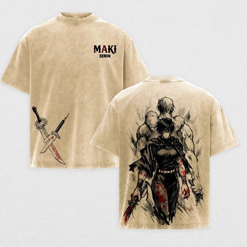 

Футболка з принтом аніме Jujutsu Kaisen Футболка Zenin Maki Вінтажні Бавовняні Футболки Зістареного Вигляду Чоловічий Одяг Оверсайз Топи З Коротким Рукавом XXL бежевий