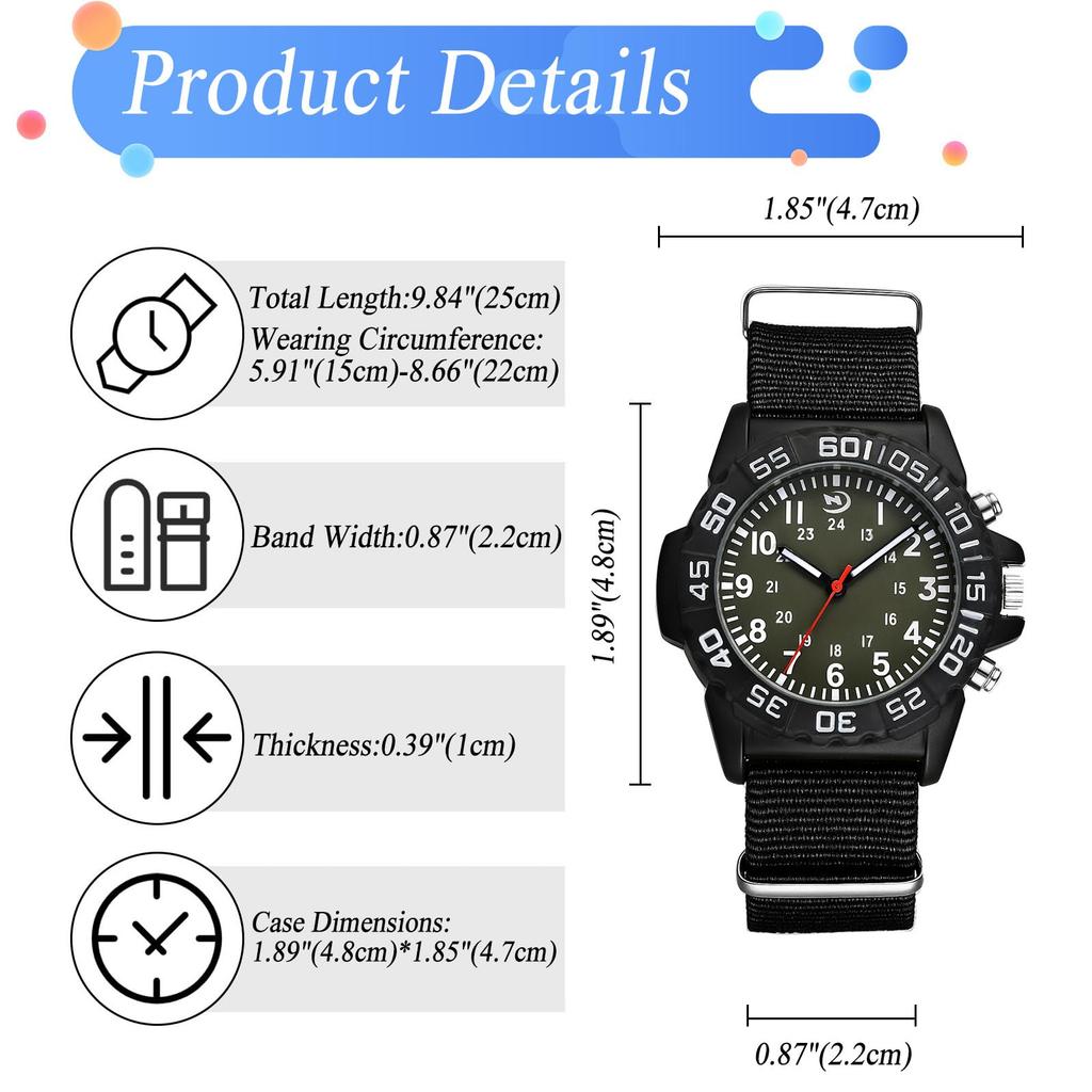 Watch Men Military Nylon Strap Waterproof Luminous Analog Display Calendar Simple Fashion Sports Watch 12/24 Hour Format Quartz Men Fashion Accessory