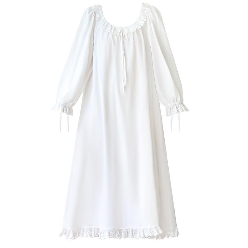 Cămașă de noapte de bumbac cu mâneci lungi pentru femei, stil curte - Largă, mărime plus, moale, pijama de toamnă/iarnă pentru purtare în interior/exterior