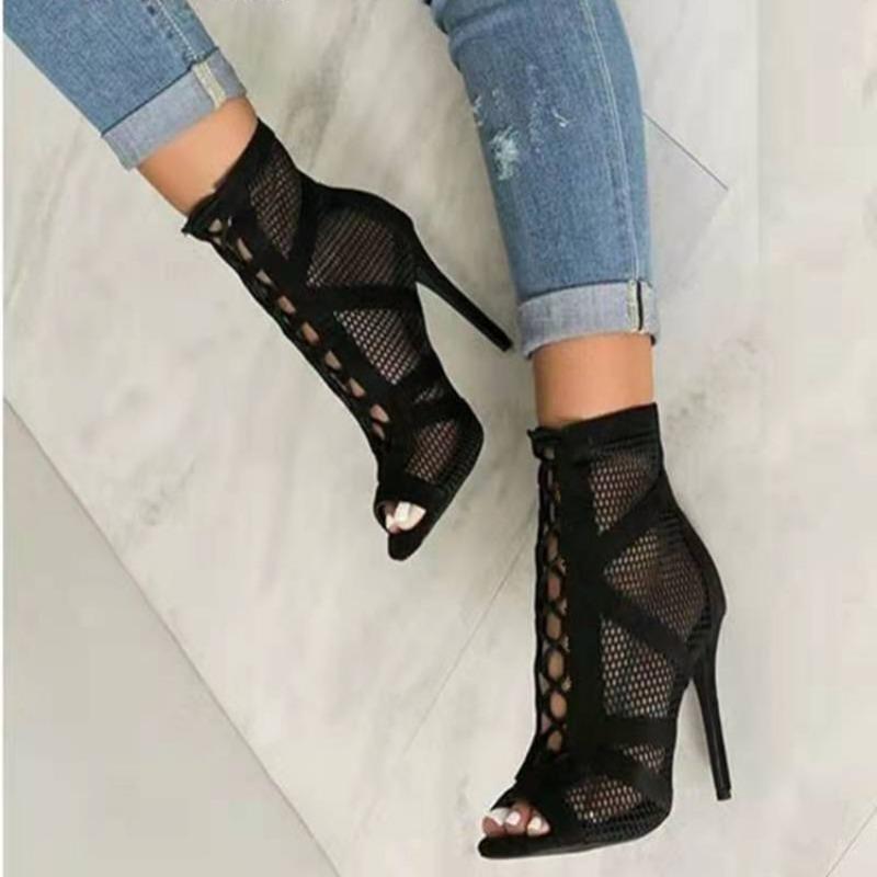 Summer new large-size sandals mature wind hollow shoes front strap fish mouth ultra-high fine heel high heel cool boots