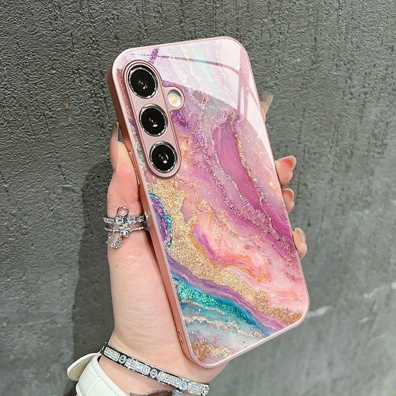Shiny pink gold texture pattern glass phone case suitable for Samsung Galaxy S26 S25 S24 S22 S21 S20 FE Ultra Plus anti drop
