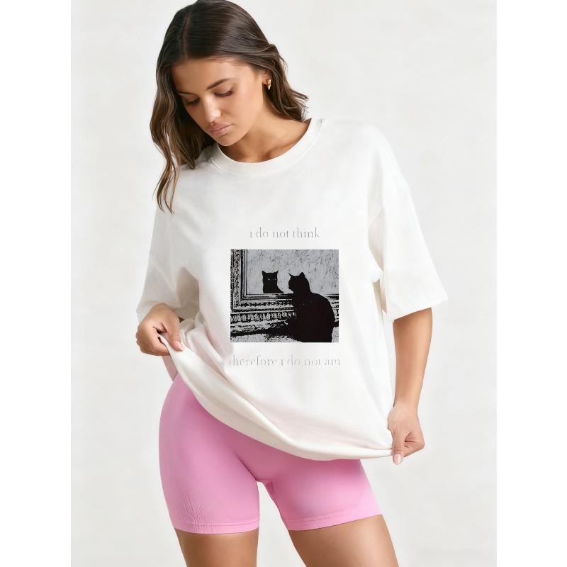 Oversized T Shirt Black Cat Graphic Print I Do Not Think Therefore I Do Not Am Text Design Casual Streetwear Fashion Women Summer Top