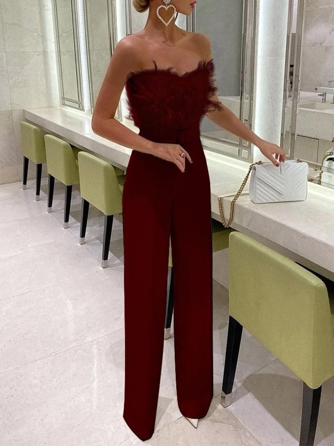 Stylish European & American Feather Strapless Jumpsuit