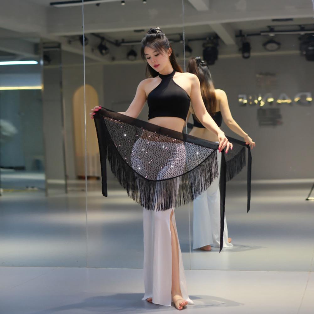 Shiny Spandex Belly Dance Hip Scarf One Size Tassel Hip Scarf Sequins Triangle Shape Waist Scarf Oriental Dance Performance