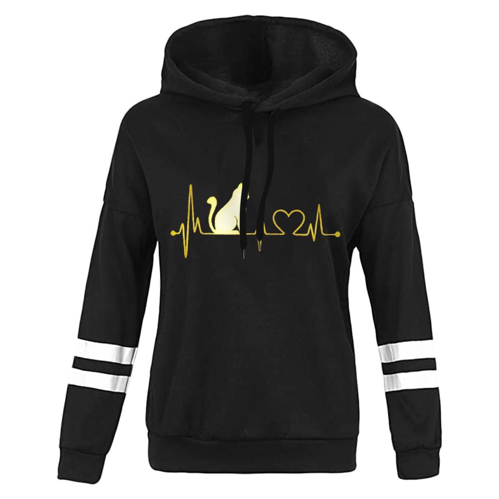 Women's Heartbeat Print Hoodie Sweatshirt Pullover Tops Long Sleeved Comfortable