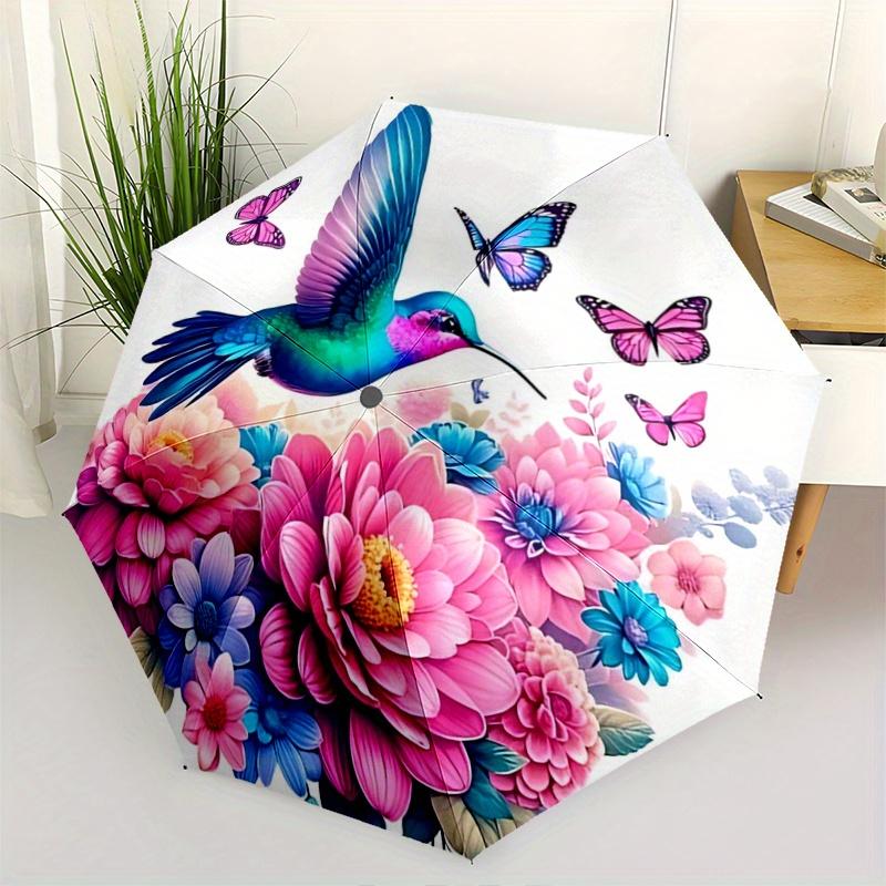 1pc Hummingbird with Vibrant Blue Wings Fully Automatic Folding Portable Umbrella, 8 Iron Frames, Three-Fold Design, Suitable for All Seasons, Su