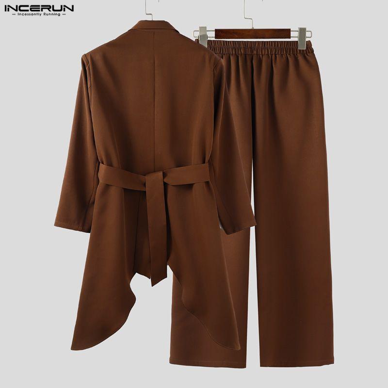 INCERUN Men Outfits Peak Lapel Long Sleeve Irregular Blazer Windbreaker Long Pants Casual Two Piece Suit Sets