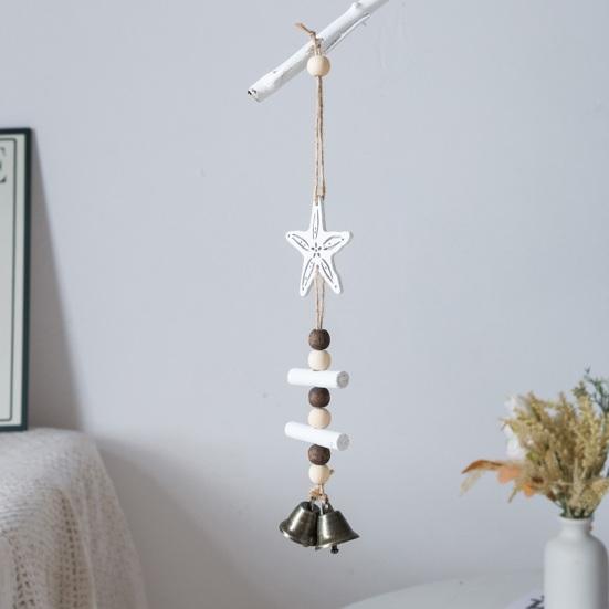Beach Ocean Starfish Hanging Decoration with Bell Farmhouse Rustic Wooden Sailboat Shell Ornament Summer Nautical Coastal Wind Chime Pendant