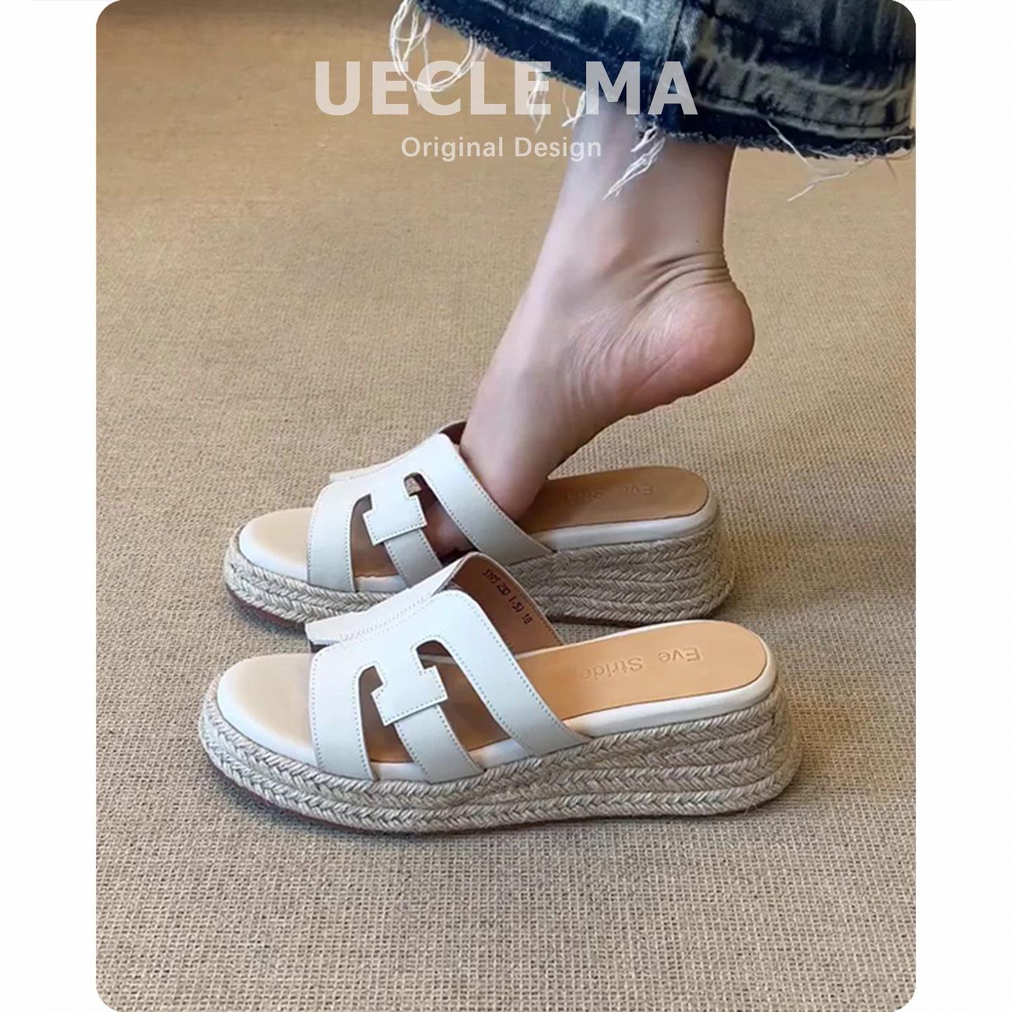 

Sheepskin version~ thick-soled leather wedge slippers women s summer wear with skirts to increase height and not tire feet Birkencool slippers 35