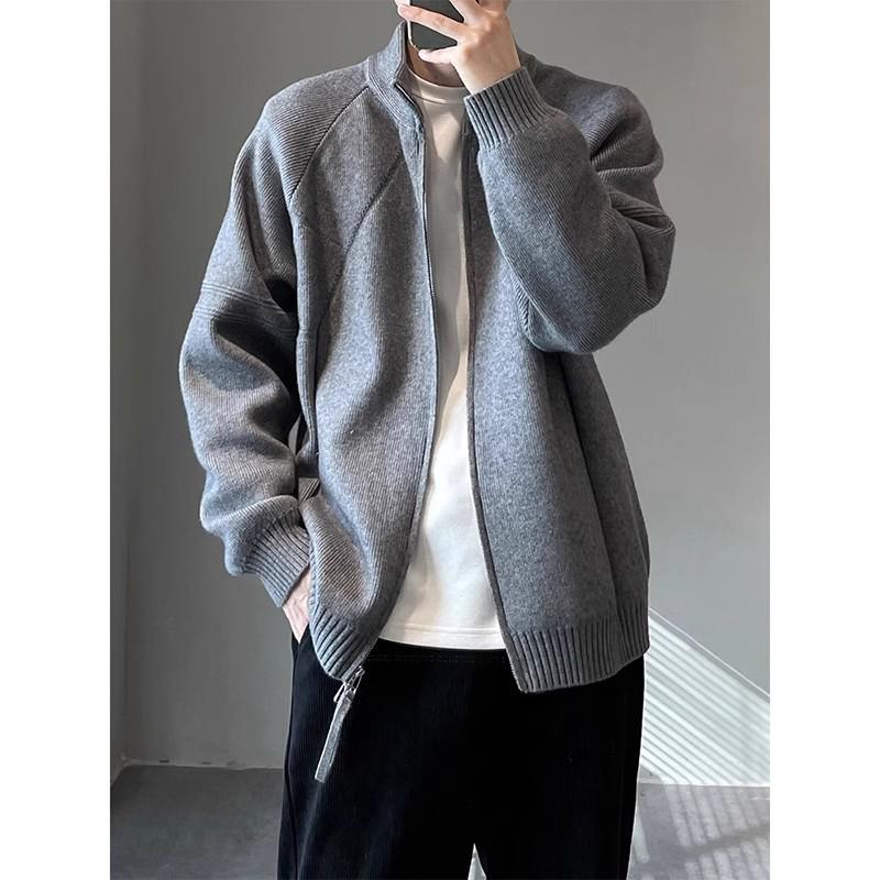 Men's Autumn Retro Minimalist Knit Jacket - Long Sleeve Stand Collar Cardigan Sweater