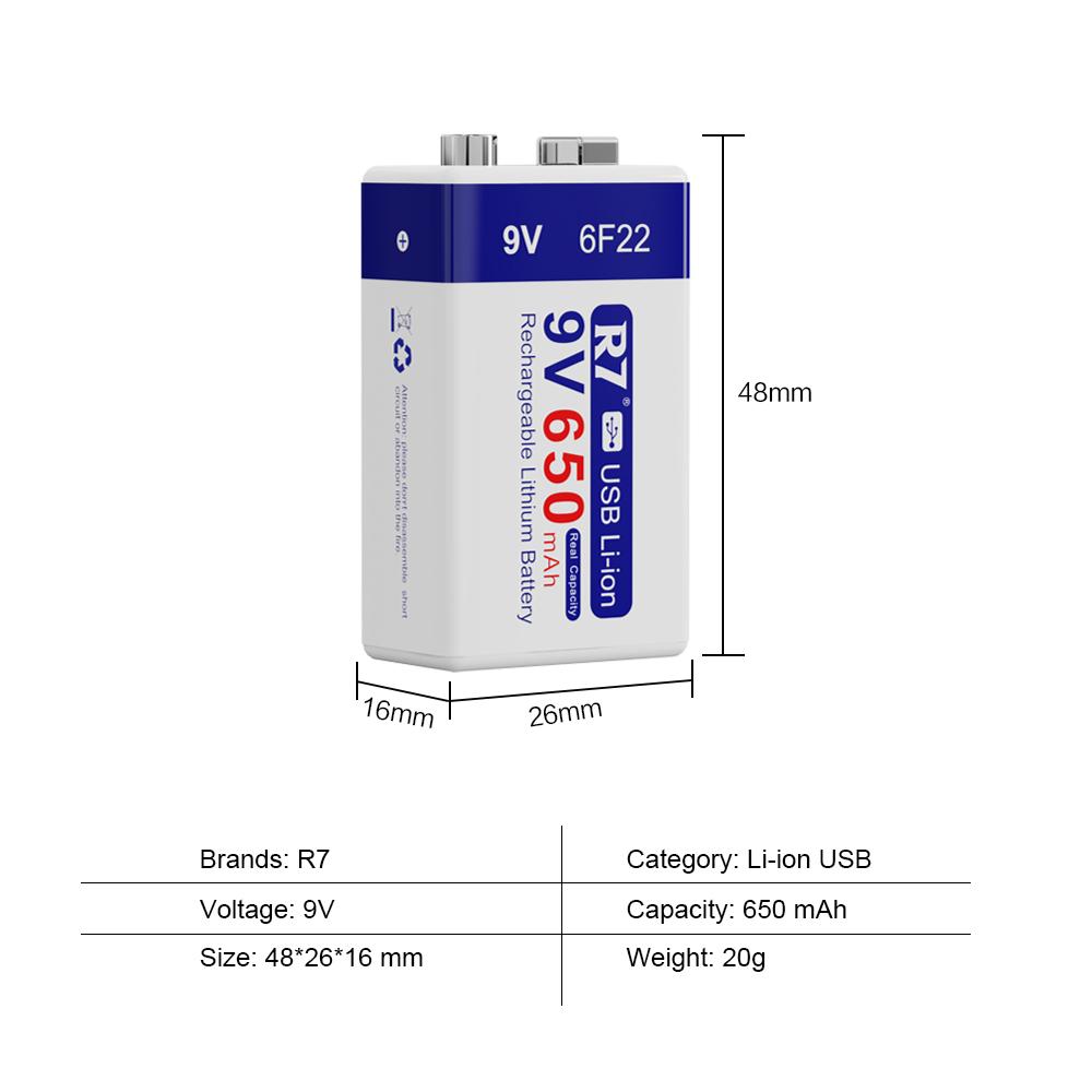 R7 9V USB Batteries 6F22 Rechargeable Batteries 650mAh Lithium Batteries Multifunctional Energy Batteries for KTV Microphone Metal Detector