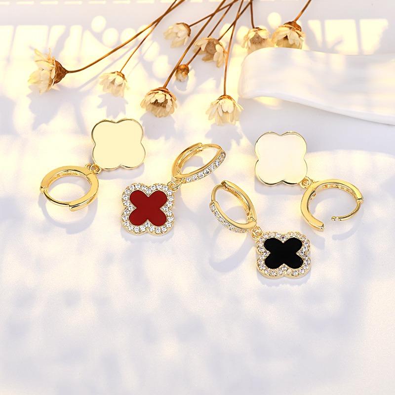 High-end Four-leaf Clover Earrings for Women, Small Fragrance Style Earrings, Light Luxury Flash Diamond Zircon Earrings