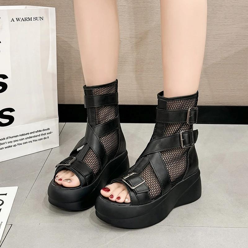 Fashion Women's Sandalias Zip Breathable Mesh Mid-heeled Women Shoes Black Roman Toes Exposed Summer Fashion Thick-soled Sandals