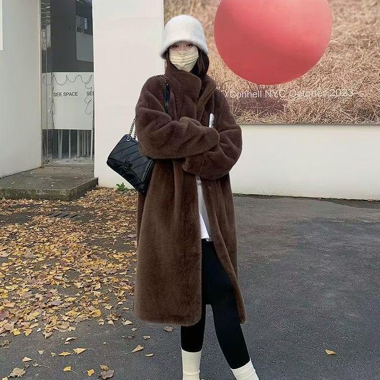 2024 Eco-Friendly Mink Fur Long Coat with Stand-Up Collar - Plus Size & Fashionable