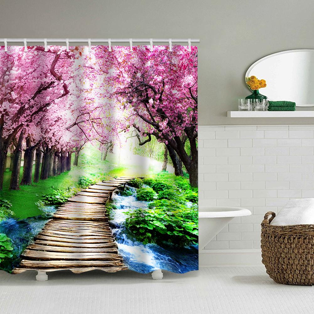 1/4 Cherry Tree Shower Curtains, Toilet Seat Decoration, Shower Curtain With Carpet And Toilet Lid, 12 70.8X70.8 Inch Hooks