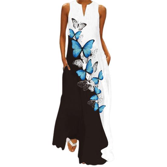 Maxi Dress Printed Elegant Women Sleeveless V Neck Skirt for Banquet