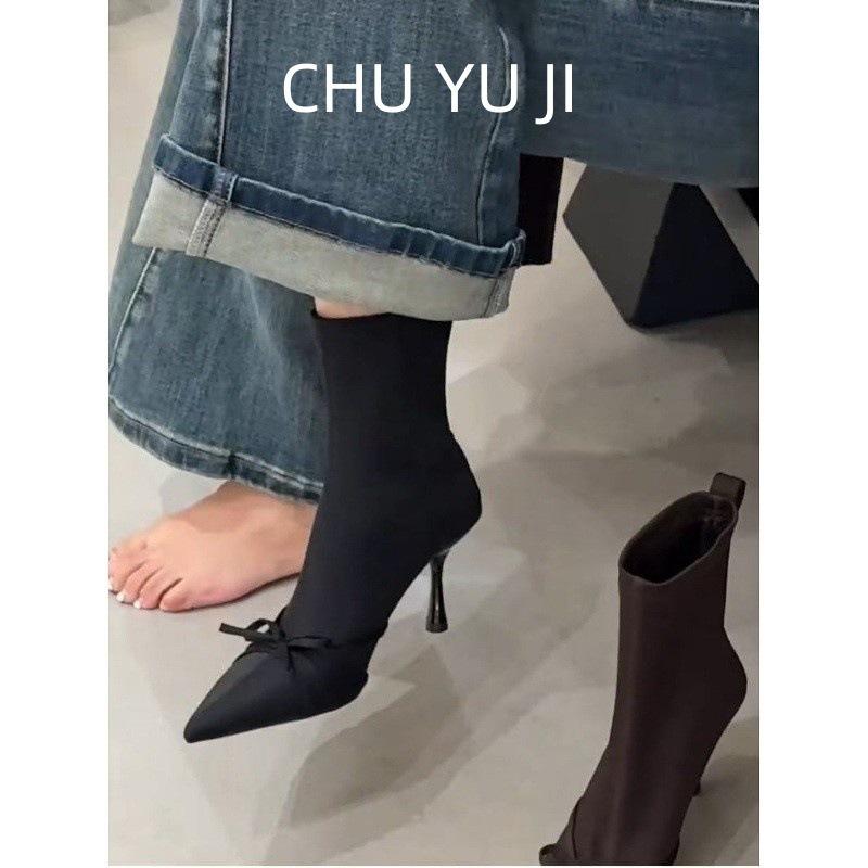 First encounter season French-style vintage pointed head thin heel satin bow short boots women's autumn and winter thin elasticity